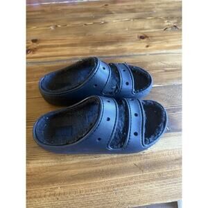 Crocs Sandals Womens 9 Mens 7 Classic Cozzy Slide Black Fur Lined Slip On Low